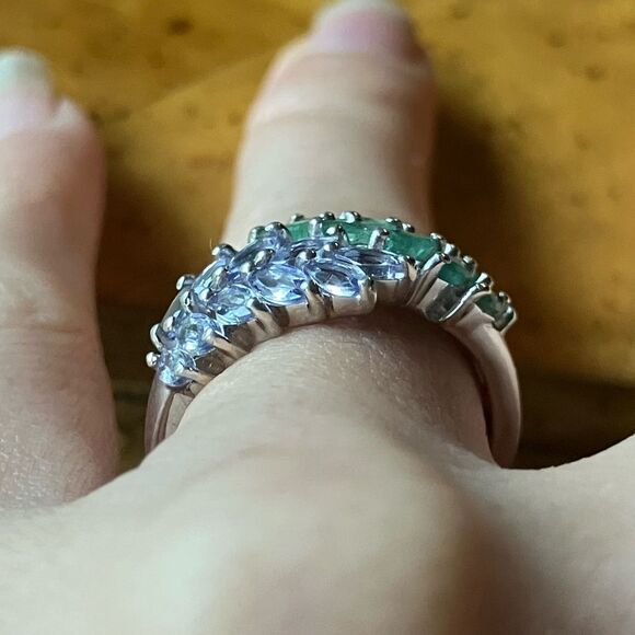 Natural Emerald Tanzanite Sterling Silver Marquise Ring Size 7 - Picture 2 of 8